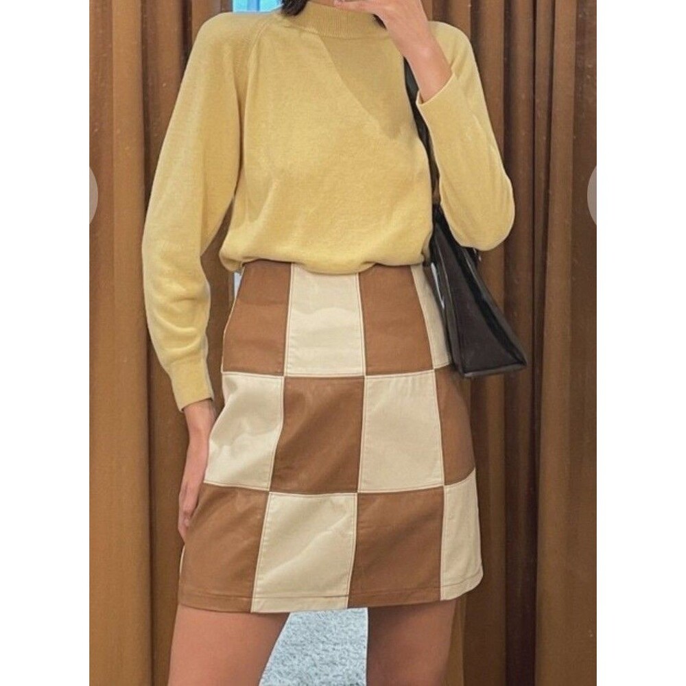 FRNCH Paris Faux Leather Skirt Brown Cream Patchwork Retro Y2K 90s Small